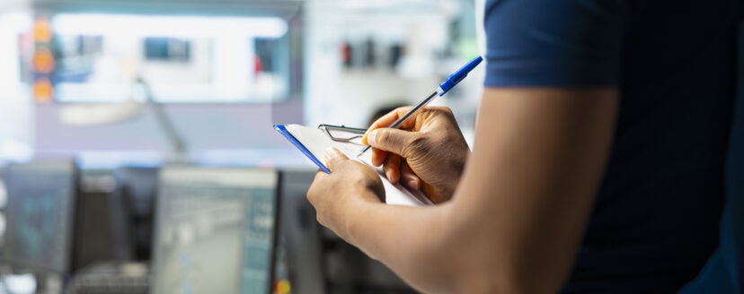 Solar panel manufacturing plant researcher taking notes on files, developing new solar energy systems prototypes. Engineer inspecting new photovoltaics materials, writing down info.