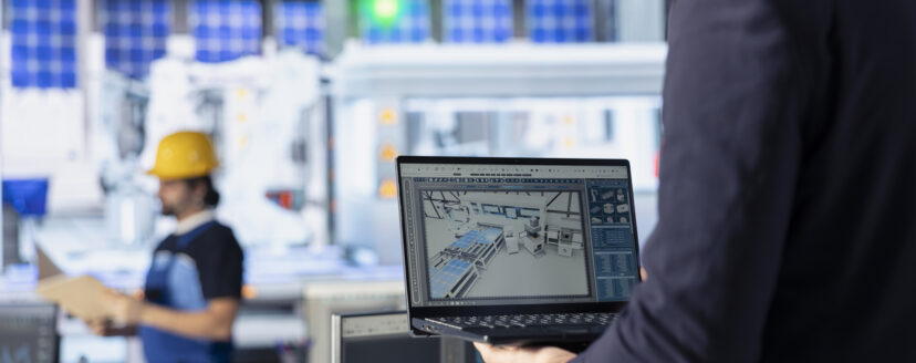 Photovoltaics factory specialist creates CAD models and technical drawings for solar modules using laptop. Man uses notebook to develop solar panel designs for efficiency and manufacturability