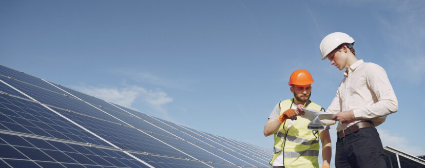 Businessman and worker near solar energy batteries. Business client showing photovoltaic detail to foreman. Two men making deal.